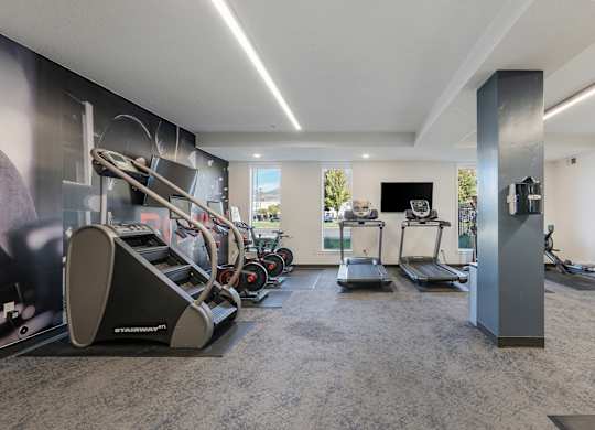 a gym with treadmills and other exercise equipment in a room with a tv at The Flats at Riverwoods, Provo, UT, 84604