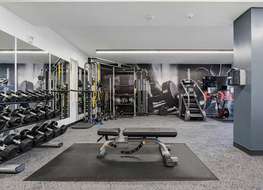 a gym with weights and cardio equipment on the floor and a wall with a mural at The Flats at Riverwoods, Provo, UT, 84604