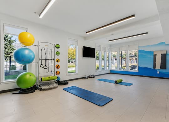 a workout room with yoga mats and a colorful ball and a large window at The Flats at Riverwoods, Provo, UT