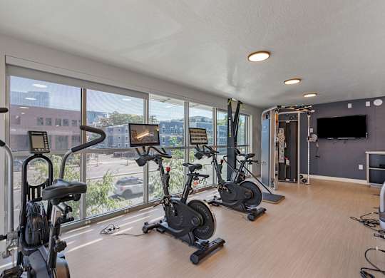 A spacious room with a row of stationary bikes and a television.