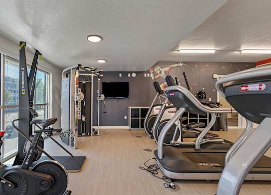 A gym with treadmills, exercise bikes and a television.