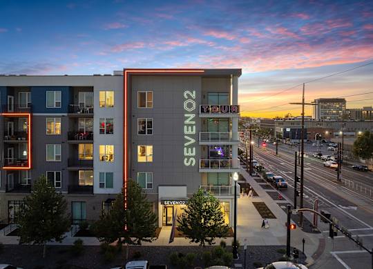 dawn building exterior signage at SevenO2 Main Apartments, Salt Lake City, UT
