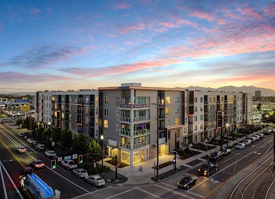 an aerial view of an apartment building at sunset at SevenO2 Main Apartments, Salt Lake City