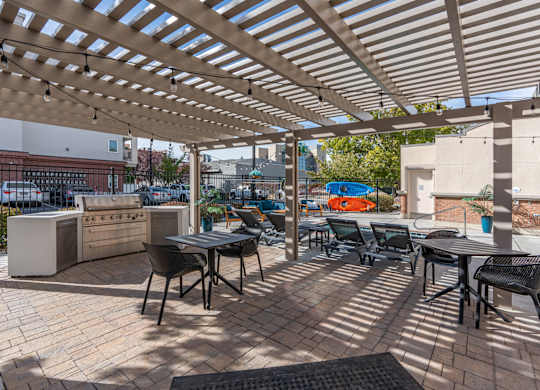 an outdoor patio with tables and chairs and a kitchenat The View on 20th, Ogden, UT