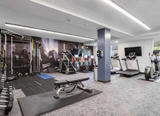 a spacious fitness room with cardio equipment and a flat screen tv at The Flats at Riverwoods, Utah, 84604