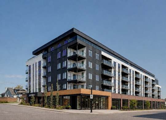 A modern multi-story building with balconies on the upper floors.