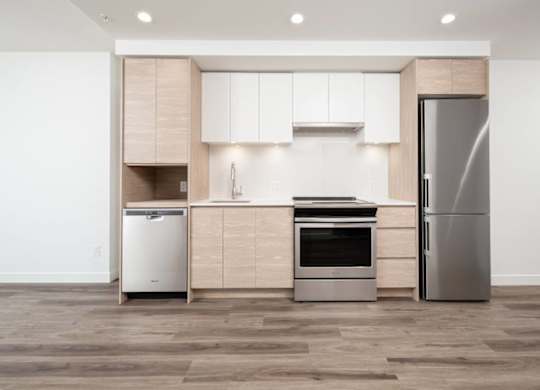 A modern kitchen with a refrigerator, dishwasher, and oven.