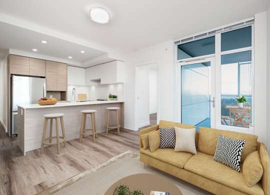 A modern living room with a yellow couch and a bar area.
