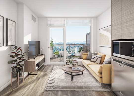 A modern living room with a large window overlooking a cityscape.