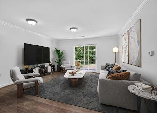 A modern living room with a grey couch, a coffee table, and a flat screen TV.