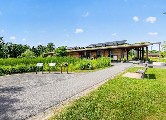 A building with a green roof is surrounded by greenery and has a paved walkway leading to it.