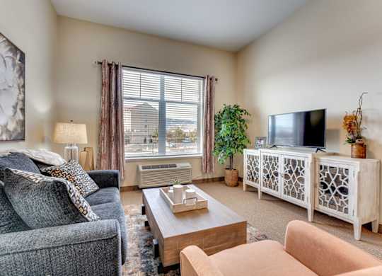 A living room with a grey couch, a wooden coffee table, and a flat screen TV.