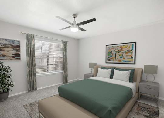 A bedroom with a bed, nightstand, and a ceiling fan. at Avalon Villas Apartments , Irving, TX, 75062