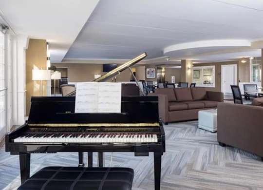 A grand piano is in the middle of a living room.