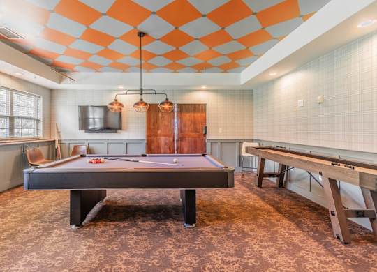 Game room with pool table and shuffleboard at Schuyler Commons Apartments, New York, 13502
