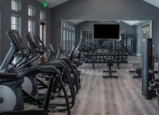 A gym with treadmills, elliptical machines, and a television. at Atwater at Nocatee Apartments, Toledo, FL
