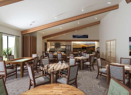 A restaurant with wooden chairs and tables. DAS design and renderings.