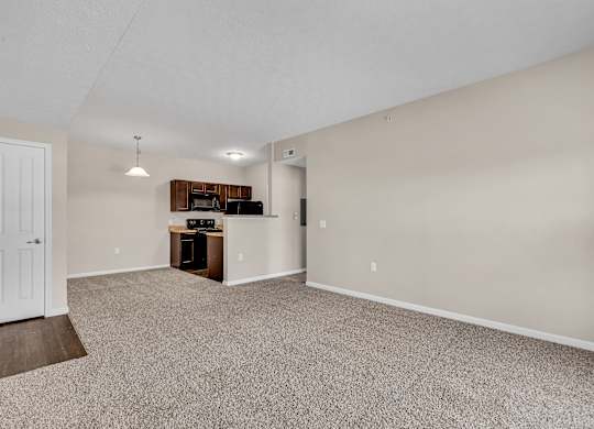 A room with a carpeted floor and a white door.