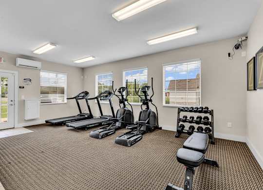 A gym with treadmills, elliptical machines, and dumbbells.