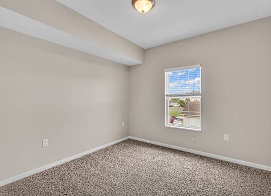 A room with a carpeted floor and a window showing a view of a street.