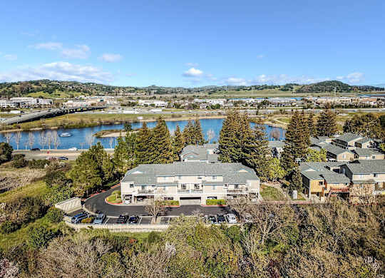 aerial view of apartments and lake at Redwood Landing Apartments, California