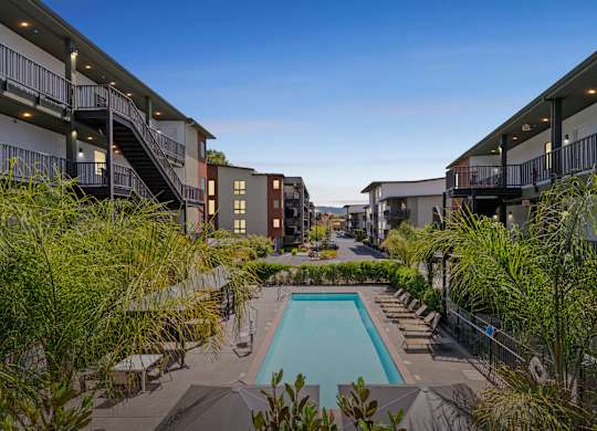 A pool surrounded by lounge chairs and trees in a courtyard.