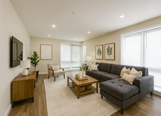 A living room with a grey couch and wooden furniture.
