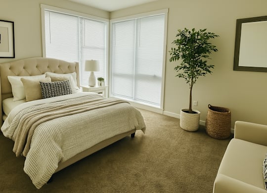 A bedroom with a large bed and a potted plant.