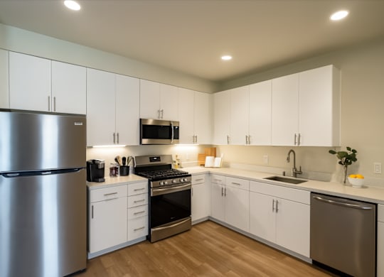A modern kitchen with white cabinets and stainless steel appliances.