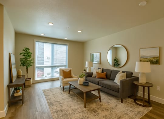 A living room with a grey couch, a coffee table, a side table, a lamp, a mirror, and a potted plant.