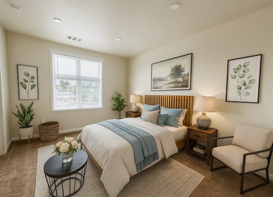 A bedroom with a large bed, a chair, and a table with a vase of flowers on it.