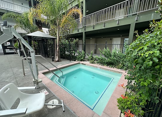 A small pool in a courtyard surrounded by plants and a chair.