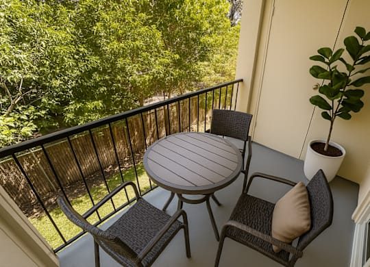 A patio with a round table and two chairs with a potted plant.