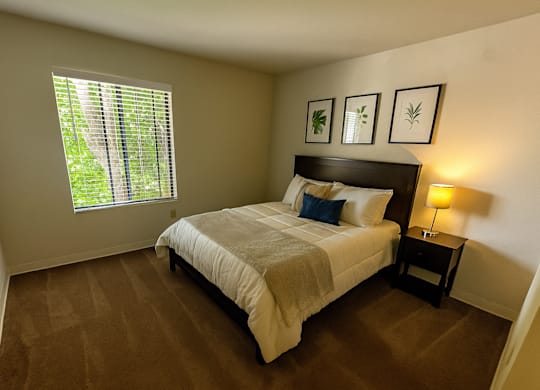 A bedroom with a bed, nightstand, and pictures on the wall.