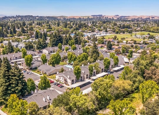 A suburban neighborhood with houses and trees.
