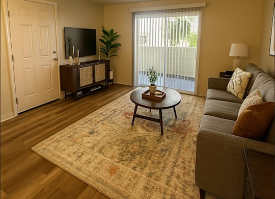 A living room with a flat screen TV, a couch, a coffee table, and a plant.