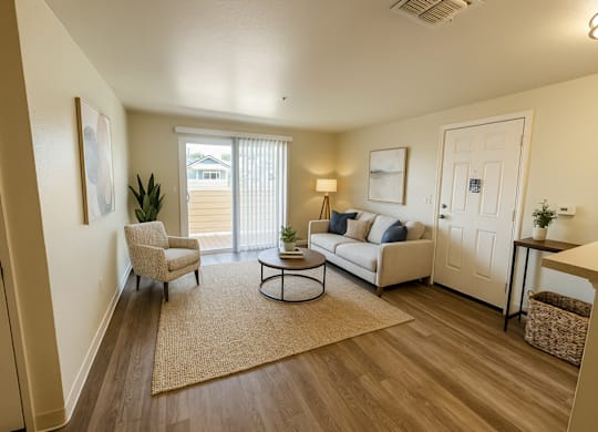 A living room with a couch, chair, and table.