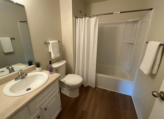 A white bathroom with a toilet, sink, and shower.