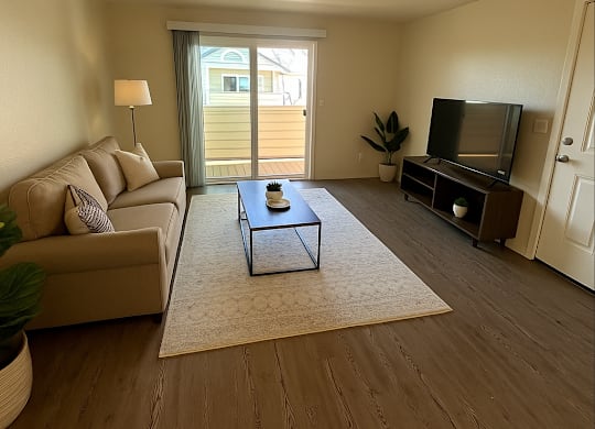 A living room with a couch, a coffee table, a television, and a potted plant.