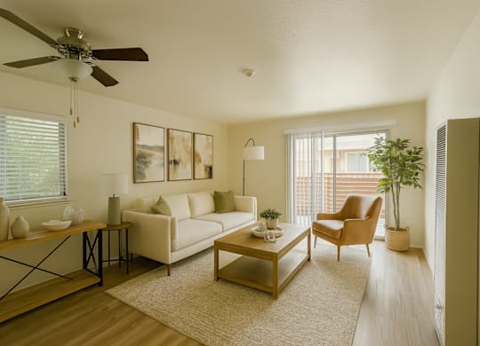 A living room with a white couch, a brown armchair, and a wooden coffee table.
