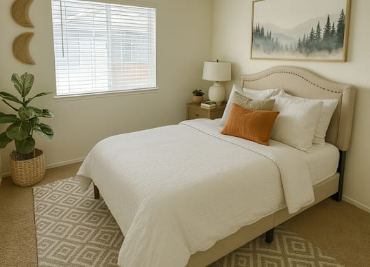 A bedroom with a large bed and a painting on the wall.