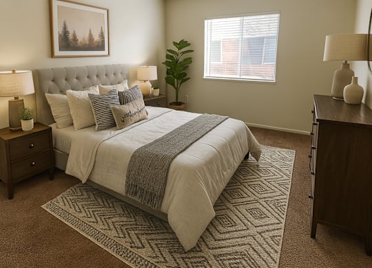 A bedroom with a large bed, a nightstand with a lamp, a dresser, and a rug.