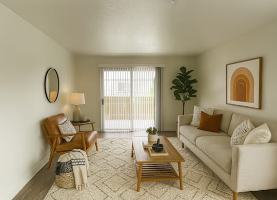A living room with a couch, chair, and coffee table.