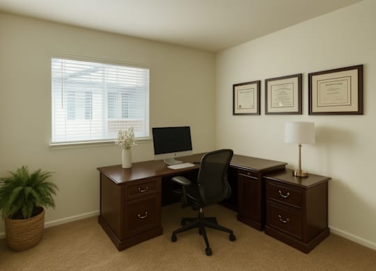 A room with a desk, chair, and three framed certificates on the wall.