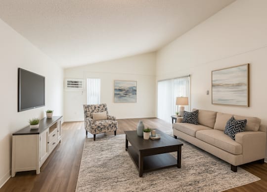 A living room with a couch, chair, and television.