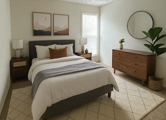 A bedroom with a large bed, a dresser, and a plant.