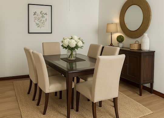 A dining room with a table, chairs, and a mirror on the wall.