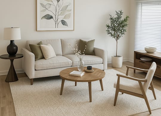 A living room with a couch, a chair, a coffee table, a lamp, and a plant.