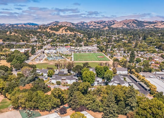 A bird's eye view of a residential area with a large green field and a football field.