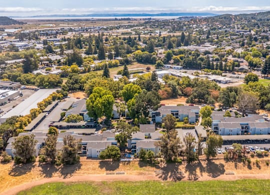 A bird's eye view of a residential area with houses and trees.